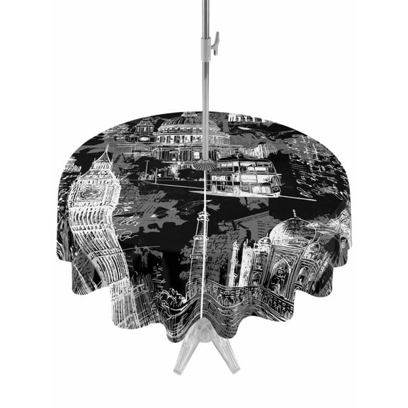 Outdoor Tablecloth with Umbrella Hole for Patio/Picnic/Party/Camping, Black Architecture Waterproof Table Cloth Round Cover Washable, Abstract City Eiffel Tower Modern (Dia 54")