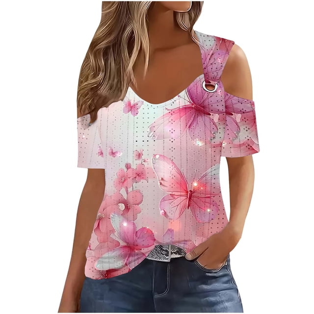 Summer Savings Clearance Staron Womens Summer Tops Eyelet Embroidery Short Sleeve Tops Spring Summer Cold Shoulder V Neck Floral Print Basic Tees