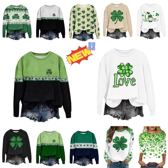 YABCSAZ St Patrick's Day Sweatshirts for Women Shamrock Clover Printed Funny Ugly Shirts Long Sleeve Irish Shirts Casual Loose Oversize Charms Shirts Blouse Paddy's Day Great Parade Tops