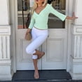 thumbnail image 6 of QASIEATN Womens 3/4 Sleeve Deep V Wrap Neck Ruched Crop Tops Summer Open Back Tshirt Slim Fit Classic Blouse Tee Fall Fashion Outfits, 6 of 9