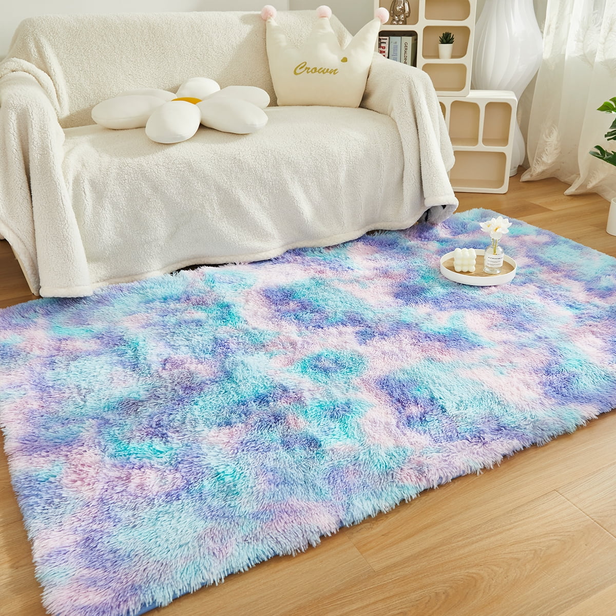 PERFEMET Rainbow Purple Teal Big Area Rugs 5x8 Carpet Tie Dye Plush Shag Rugs for Bedroom Living Room Floor Mat for Nursery Dorm Soft Rectangular Rug(5'x8', Teal Purple)