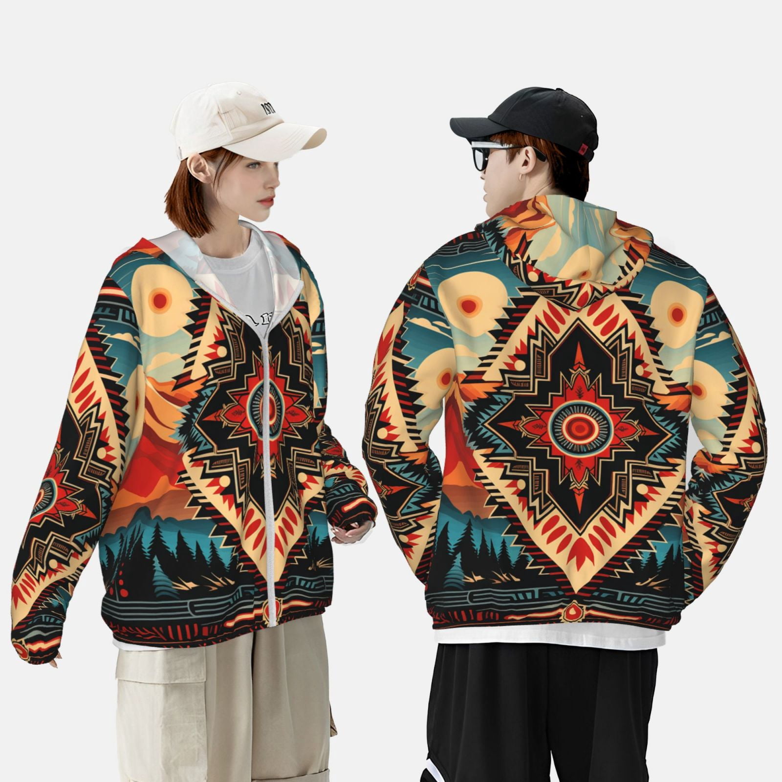 Women Men Sun Protection Hoodie Jacket Zip Long Sleeve Shirt Hiking Outdoor , Aztec Baja Southwest Western Native Cool