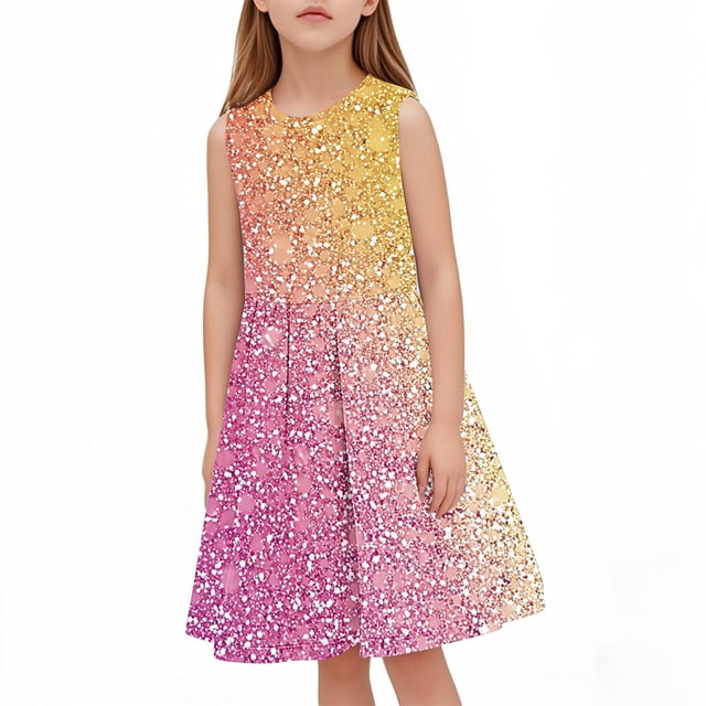 Liquidation d'Économies d'Été! WRKEKC Robe d'Été pour Fille, Robe Décontractée pour Fille, Robe d'Été Sans Manches à Encolure Ronde avec Imprimé à Paillettes pour Fille, Robe pour Enfant de Taille Moyenne avec Taille Cintrée 7 Ans