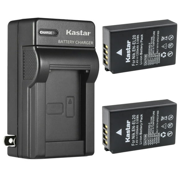 Kastar 2-Pack Battery and AC Wall Charger Replacement for Nikon EN-EL20 Nikon EN-EL20a Battery, Nikon MH-27 MH-27a Nikon MH-29 MH-29a Charger, Nikon 1 J3, Nikon 1 S1, Nikon 1 V3, Nikon DL24-500 Camera