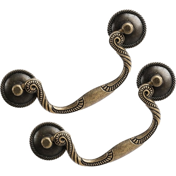 ABCISI 4 Pack Antique Brass Drop Bail Drawer Pulls, 3-5/8" Hole Center, Decorative Cabinet Handles with Rope Edge Design, Vintage Style Furniture Hardware for Dresser