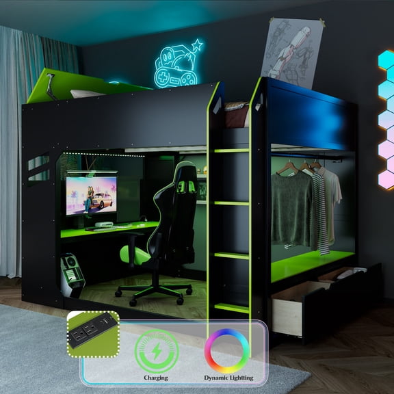 Heavy-Duty Full Size Loft Bed with Desk, Storage Headboard, Drawers & Hanging Rod, Gaming Loft Bed with Light, Teens Loft Bed (Green)