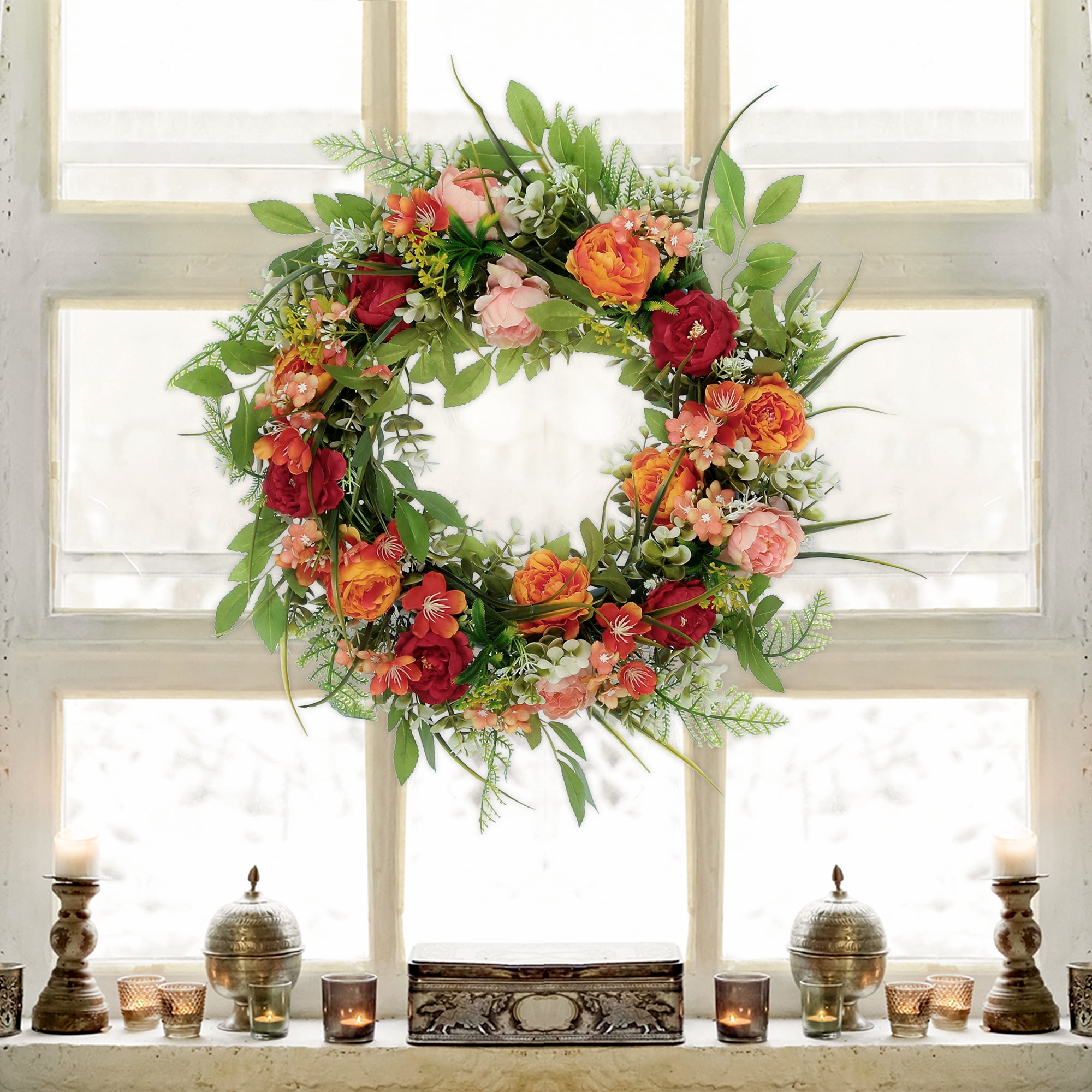 Unique Bargains Front Door Wreaths Farmhouse Artificial Flower Wreath Home Decor Multicolor