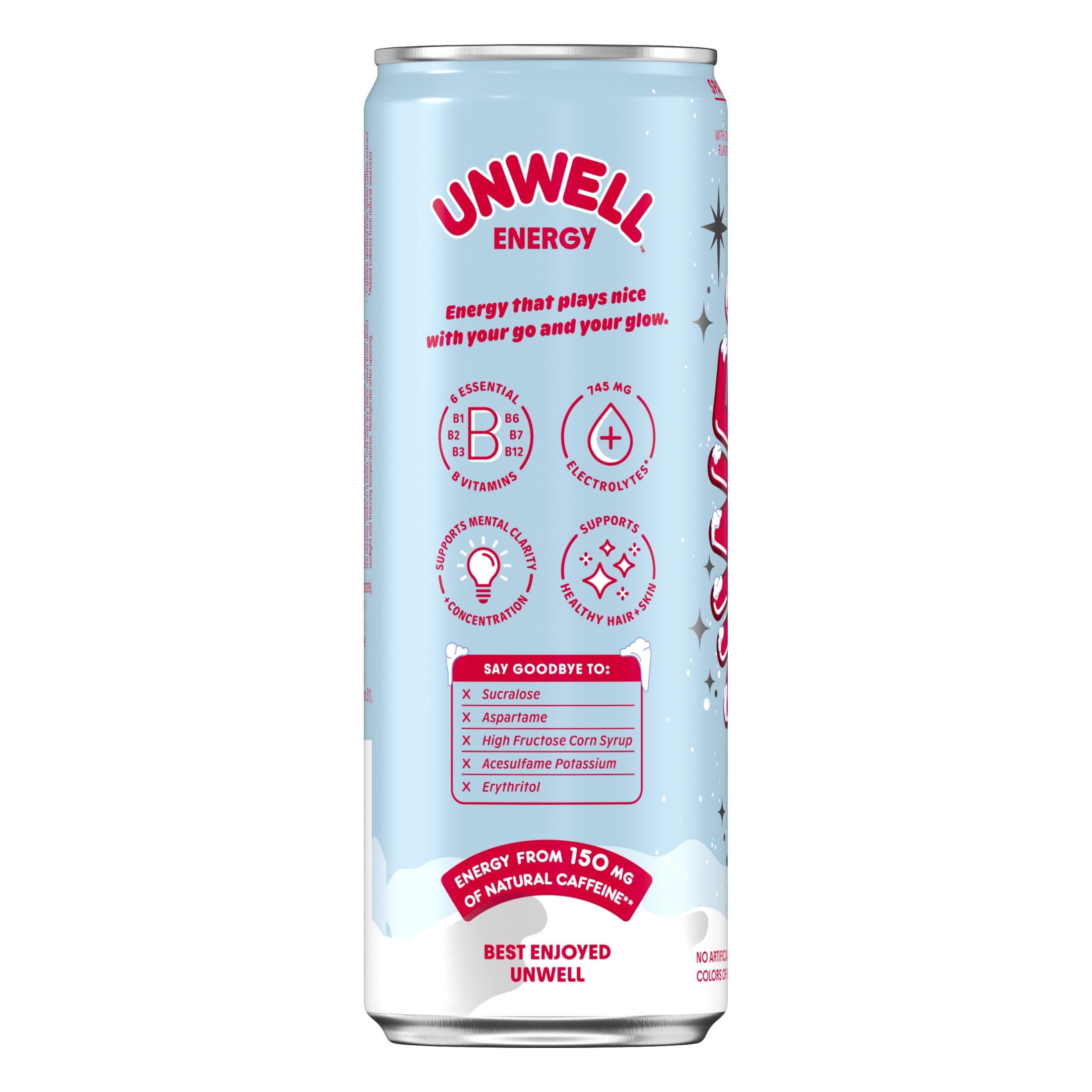 Unwell Sparkling Energy Drink, Natural Caffeine, 3g Sugar - Frosted Cranberry, 12 PK