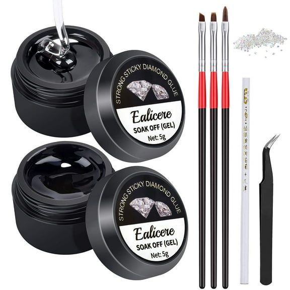 Ealicere Gel Nail Kit-2X5ml Nail Art Rhinestone Glue Gel Adhesive Resin Gem Jewelry Diamonds Nail Polish Clear Decoration with Brush Pen Tools,Rhinestones for Nails and Pick Up Tweezer