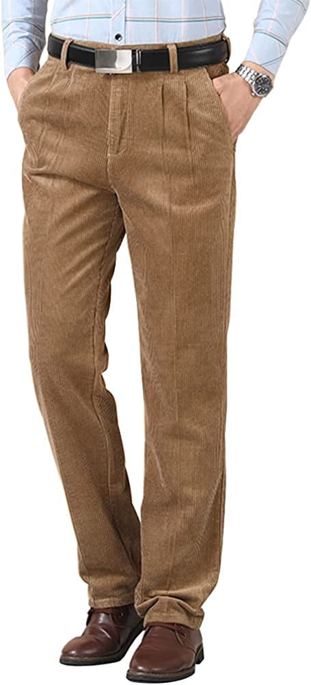 PIKADINGNIS Men's Pleated Front Corduroy Pants Casual Relaxed Fit