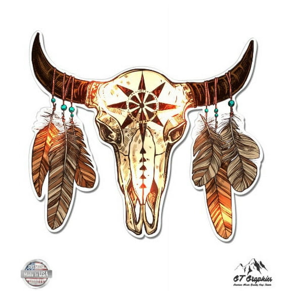 Cow Skull Trendy Native American Ethnic Spiritual - 3" Vinyl Sticker - For Car Laptop I-Pad Phone Helmet Hard Hat - Waterproof Decal