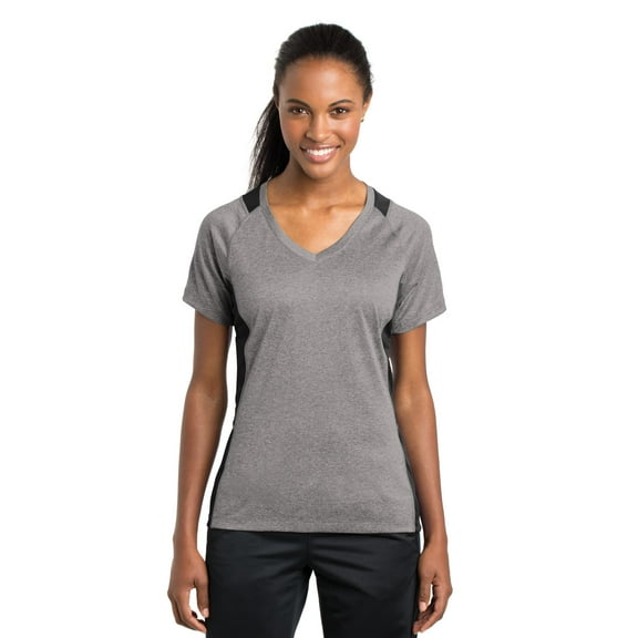 Sport-Tek Ladies Heather Colorblock Contender V Neck Tee-XS (Vintage Heather/ Black)
