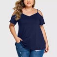 thumbnail image 2 of Tops de talla grande para mujer, camiseta de manga corta con cuello en V y hombros descubiertos de color sólido grande Pompotops hkajfhjk469450, 2 of 8