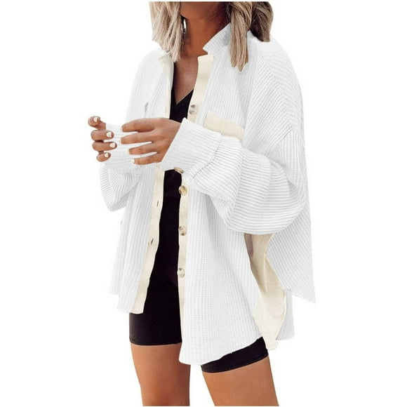 AherBiu Jackets for Women Oversized Button Down Lapel Color Blocked Long Sleeve Shirts Outwear