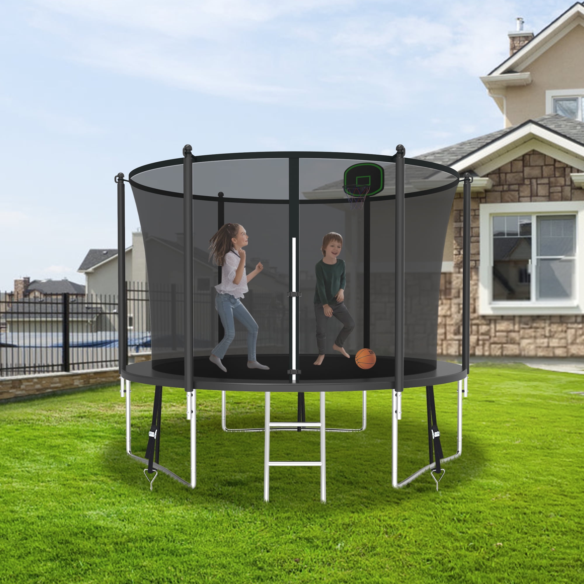 CITYLE Trampoline 10FT Trampoline for Kids and Adults, Outdoor Trampoline with Lights, Trampoline with Enclosure, Basketball Hoop, Wind Stakes, Ladder, Weather Resistant, Easy Assembly, Last Long