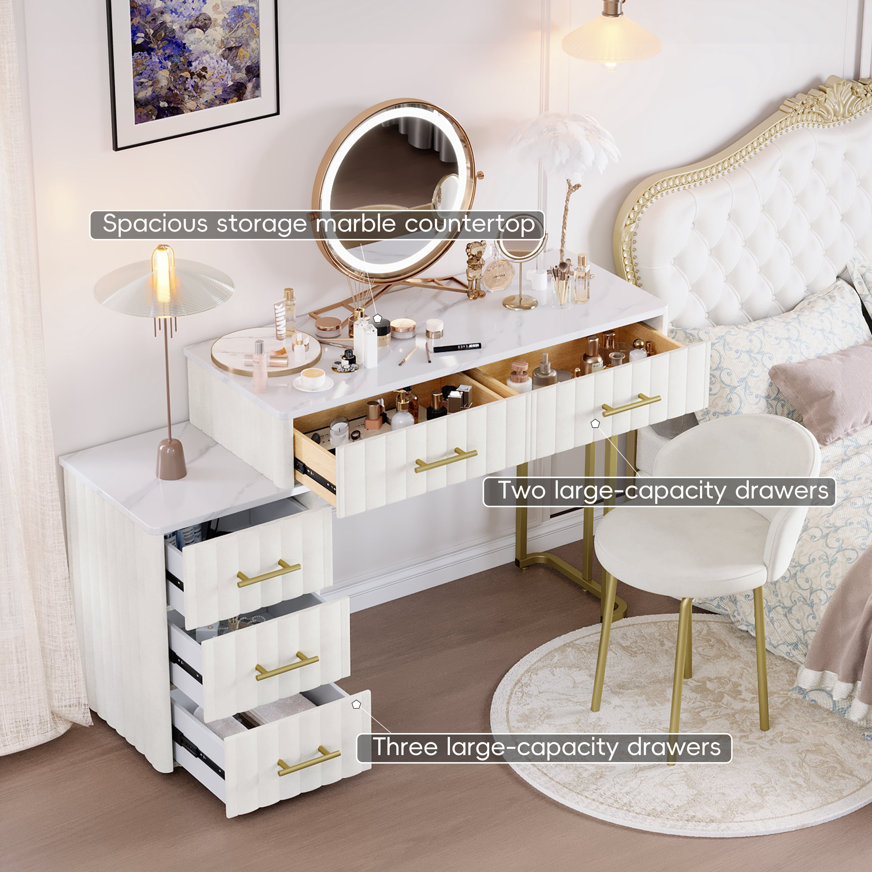 Euroco Upholstered Vanity Desk with Chair, Adjustable 5-Drawer Storage, Marble-Look Top & Gold Legs – 55” Makeup Table with Velvet Finish for Bedroom or Dressing Room
