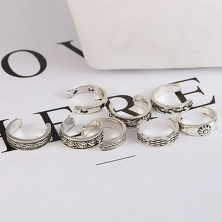 Adjustable Open Toe - AkoaDa 8Pcs\/Set Classic Vintage Carved Silver Adjustable Toe Rings Set Bohemian Summer Charm Open Foot Finger Ring Jewelry Accessories Gift