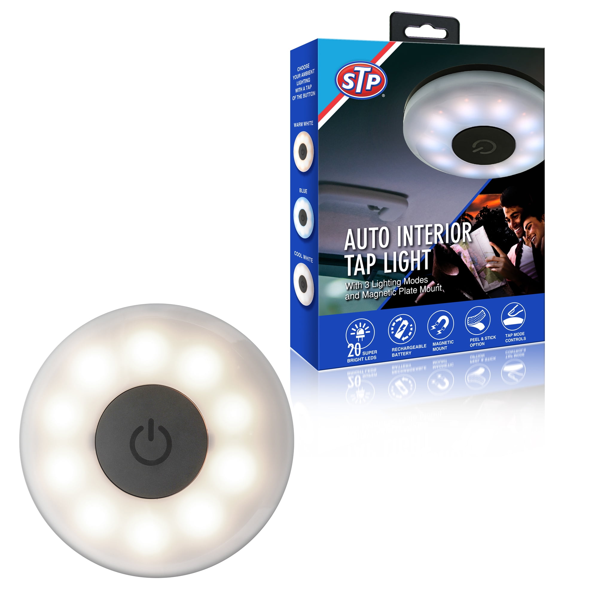 STP Home/Auto Interior LED Tap Light, 3 Unique Modes, Magnetic Plate Mount, Rechargeable