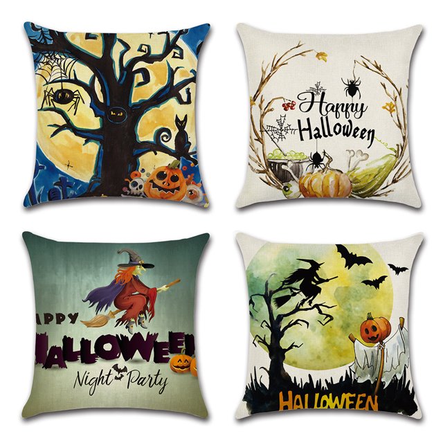 Juego de 4 fundas de almohada para decoración de Halloween, 18.0 x 18.0 in, decoración de Halloween, liquidación de truco o trato, granja, calabaza, murciélago, funda de almohada para sofá, sala de es