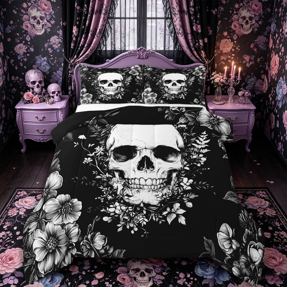Castle Fairy Boho Skull Full Size Comforter Sets 3-Piece,Spooky Wildflower Bedding Comforter Set,White Blacks,1 Comforter and 2 Pillowcases,Black Reversible