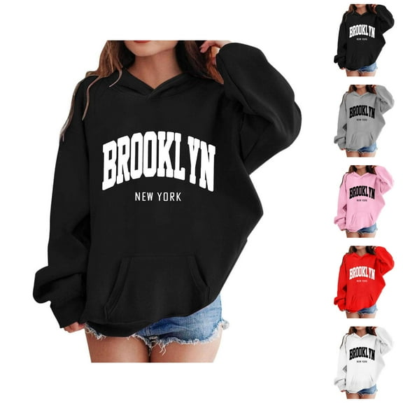 Brooklyn New York Hoodies for Girl Long Sleeve Casual Graphic Hooded Sweatshirt with Pockets Kids Pullover Tops