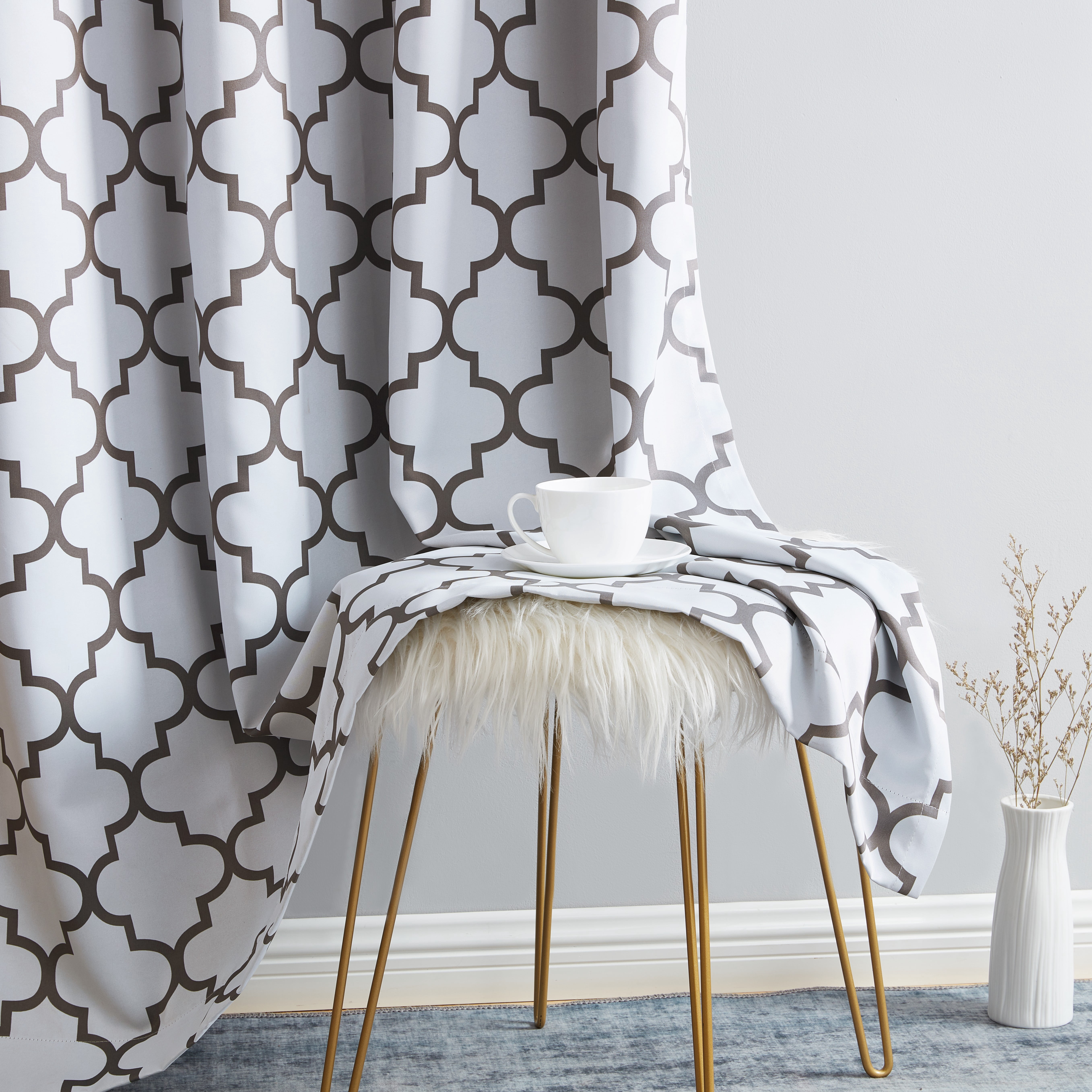 THD Moroccan Trellis Lattice Decorative Printed Pattern Blackout Thermal Privacy Room Darkening Grommet Window Drapes Curtain Panels for Bedroom - Set of 2 (Platinum White Grey, 52 W x 84 L)
