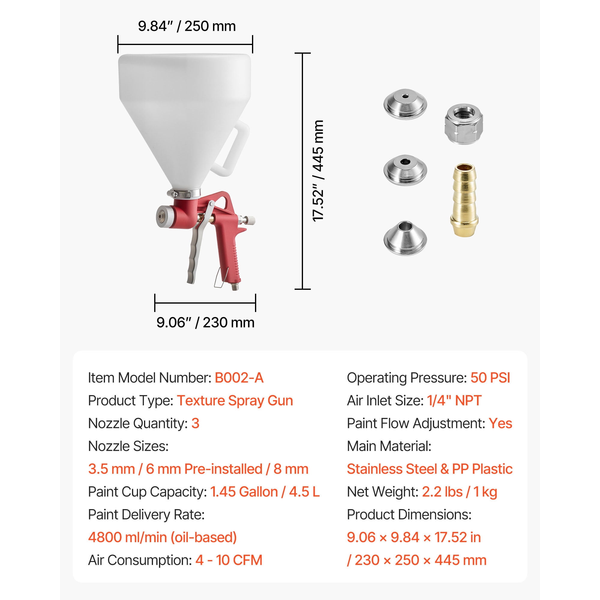 KFFKFF Air Texture Spray Gun, 1.45 Gallon Hopper Sprayer, Professional Drywall Texture Tool with 3 Nozzles (3.5mm, 6mm, 8mm) for Popcorn, Knockdown, and Orange Peel Applications