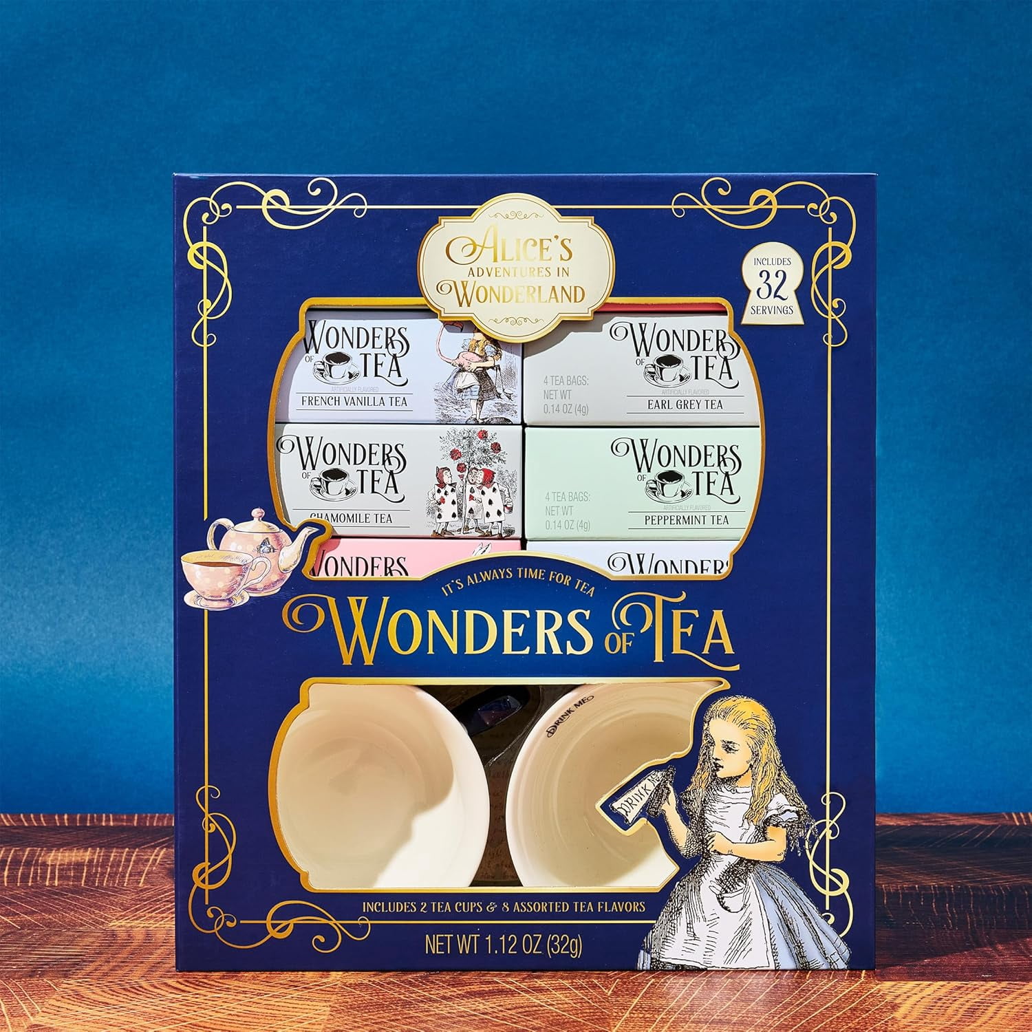 Thoughtfully Alice’s Adventures in Wonderland Tea Bags Gift Set with 2 Ceramic Cups, Herbal, Black, and Green Flavors, 34 Count