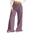 thumbnail image 4 of Cotton Linen Pants for Women High Waist Drawstring Ruffle Hem Wide Leg Pants Casual Vacation Trousers with Pockets, 4 of 7