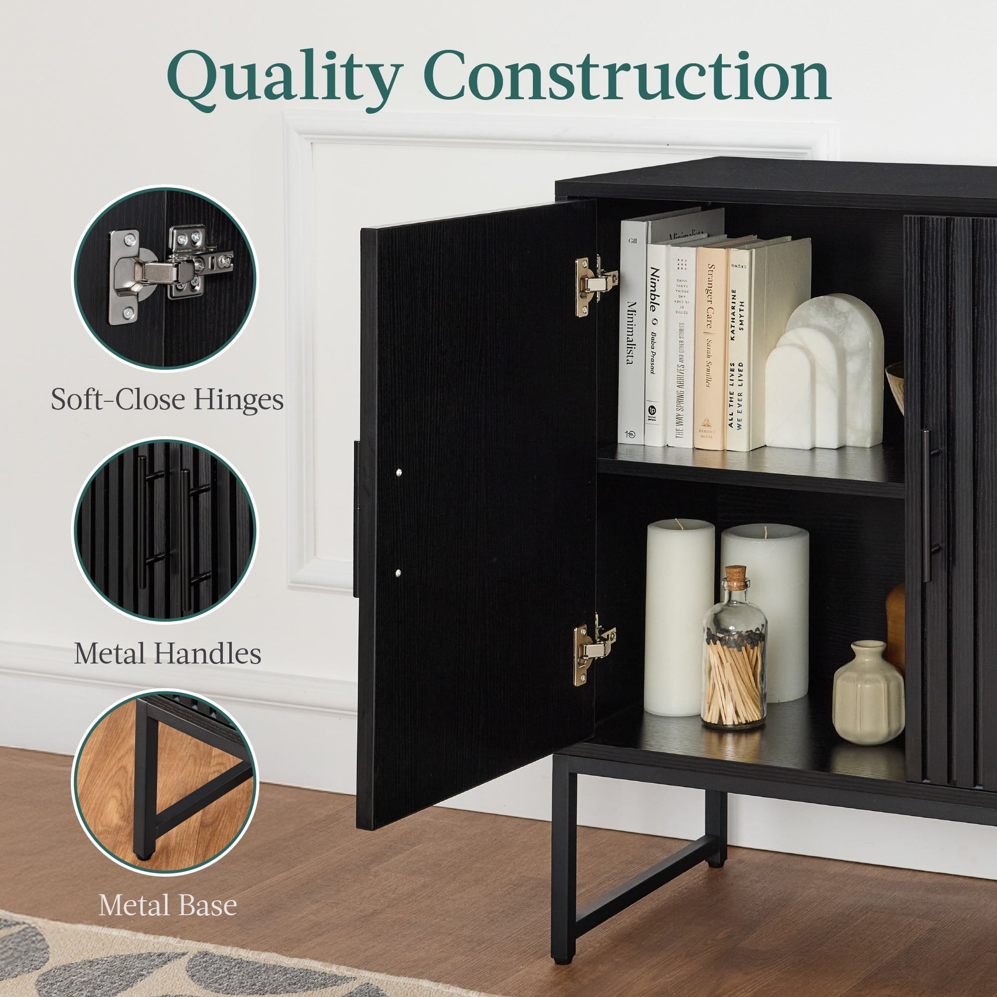 Best Choice Products 2-Door Slatted   Storage Cabinet, Accent Furniture w/ Non-Scratch Foot Pads - Black