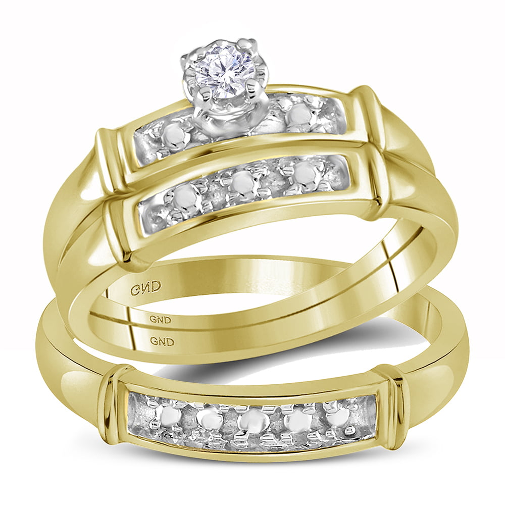 Sizes - L = 7, M = 10 - 14k Yellow Gold Trio His & Hers Round Diamond  Solitaire Matching Bridal Wedding Ring Band Set (1/10 Cttw)