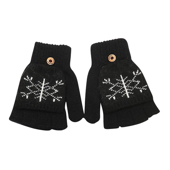 Xfvqtps Womens Fingerless Gloves with Flip Cover Plush Knitting Christmas Snowflake Print Sweet Windproof Warm for Cold Weather Winter Mittens Black