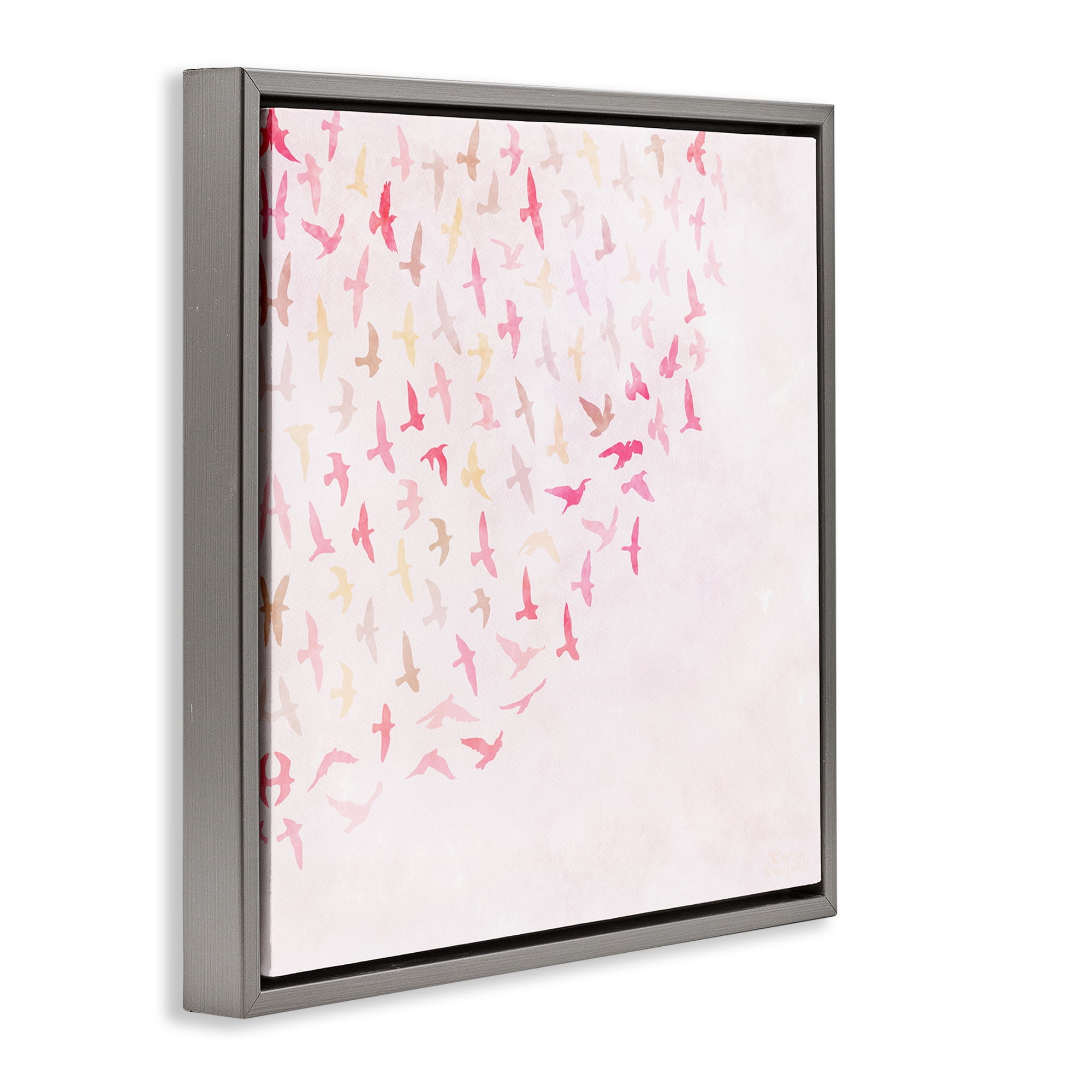 Stupell Industries Fluttering Pink Birds Animals & Insects Painting Gray Floater Framed Canvas Art Print Wall Art, 25 x 25