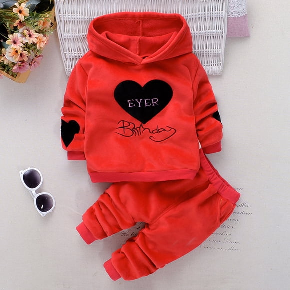 Ensemble de Survêtement à Capuche à Manches Longues pour Tout-Petite Fille, Imprimé de Cœurs, Ensemble 2 Pcs / Rouge / 3T