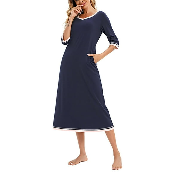 Npasoilc Nightgowns for Women Cotton Elbow-Length Sleeve Round Neck Pajama Dresses Soft Comfortable Nightdress Solid Color Casual Loose Sleepwear Dresses