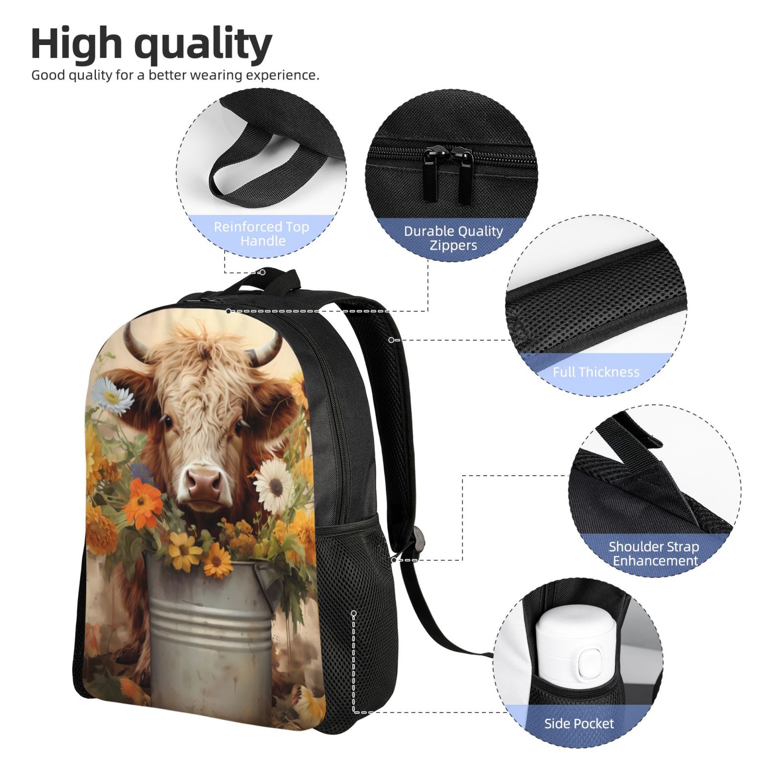 Xecao Bucket Flower Cow Print School Backpack with Laptop Compartment Small Travel Laptop Backpack for Women Men Waterproof College Backpack Simple School Bag