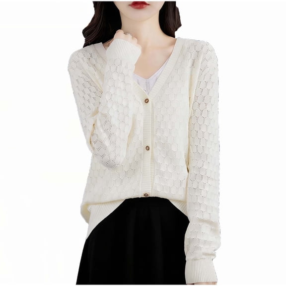 Levmjia Women Long Sleeve Knit Cardigan Polyester Solid Color V Neck Hollow Out Sun Protection Lightweight Breathable Casual Daily Home Wear Office Commute Beach Vacation