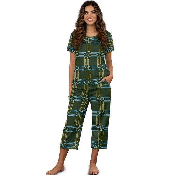 DISNIMO Abstract Geometrical Printed Pajama Set for Women, Comfy Sleepwear 2 Piece Pjs Set Short Sleeve Tops and Capri Pant Lounge, S
