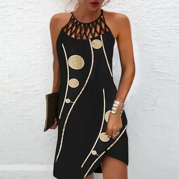 New Women's Summer Casual Dress Oversized Hollow Sleeveless Print Beach Mini Dresses Female Vintage Party Dress