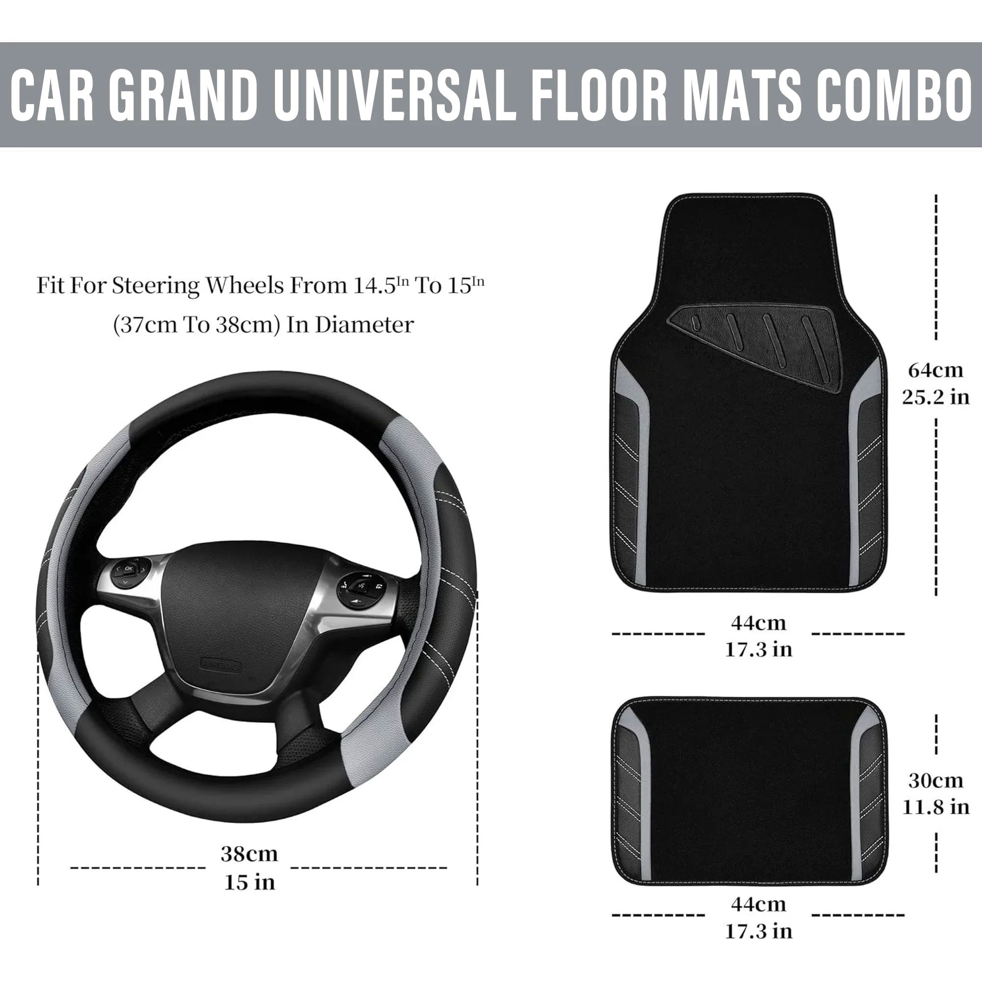 CAR GRAND Leather Steering Wheel Cover and Waterproof Car Floor Mats,Microfiber Universal Car Combo Fit Sedan,SUV,Cars,14.5-15inch Sporty Anti-Slip Safety Comfortable Design(Carbon Fiber Black)
