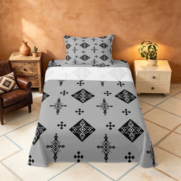 Manfei Tribal Geometric Diamond Twin Sheets, Vintage Cross Bedding, Black White Gray, Gray Reversible 3-Piece1 Flat Sheet 1 Fitted Sheet 1 Pillowcase