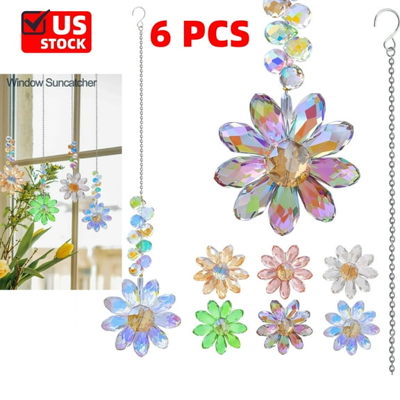 6 Pack Crystal Sunflower Suncatchers Hanging Crystals, Rainbow Maker Sun Catchers Indoor Window Outdoor Patio Garden Decor Gifts