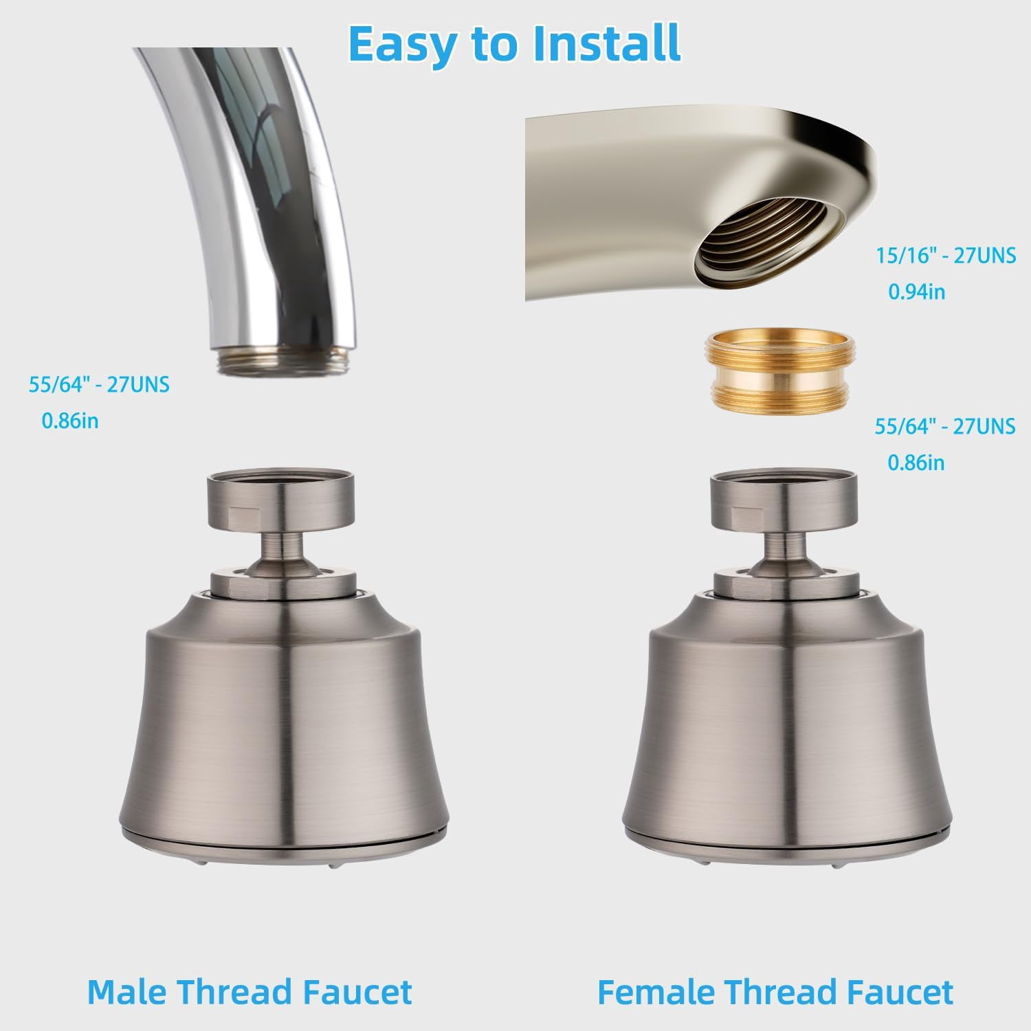 Kitchen Sink Faucet Head, Swivel 360 Degree Faucet Sprayer Head with 4 Spray Modes, Big Angle Faucet Aerator Adapter Fits Female 55/64“ Male 15/16" for Bathroom/Kitchen/Rvs, Brushed Nickel