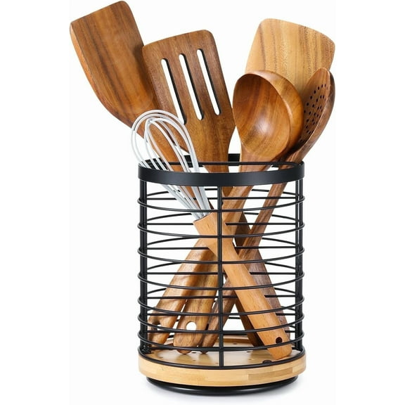 Godance 360° Rotating Utensil Holder for Kitchen Counter, 5.2"L* 7.4"H Large Round Utensils Holder with Wooden Base, Matte Black Cooking Utensil Holder, Kitchen Countertop Utensil Organizer
