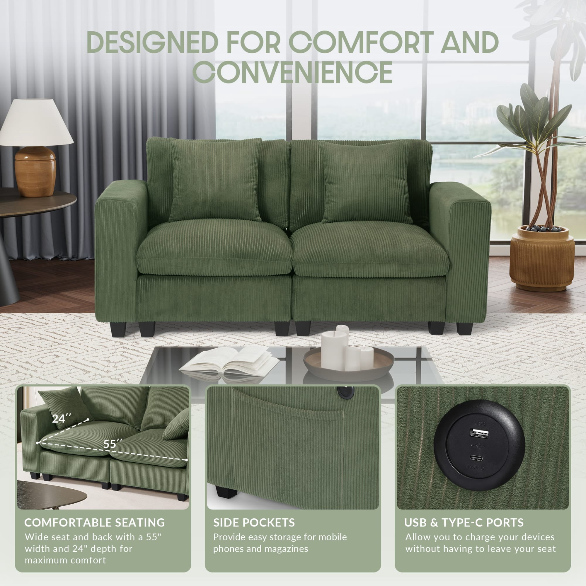 WestinTrends Hearthside 70" Modular Corduroy Loveseat Sofa With USB/Type-C Ports and Side Pockets, Olive Green