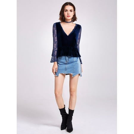 Alisa Pan Women's Vintage V-Neck Long Lace Bell Sleeve Spring Fashion Holiday Party Velvet Top Casual Wear 01132