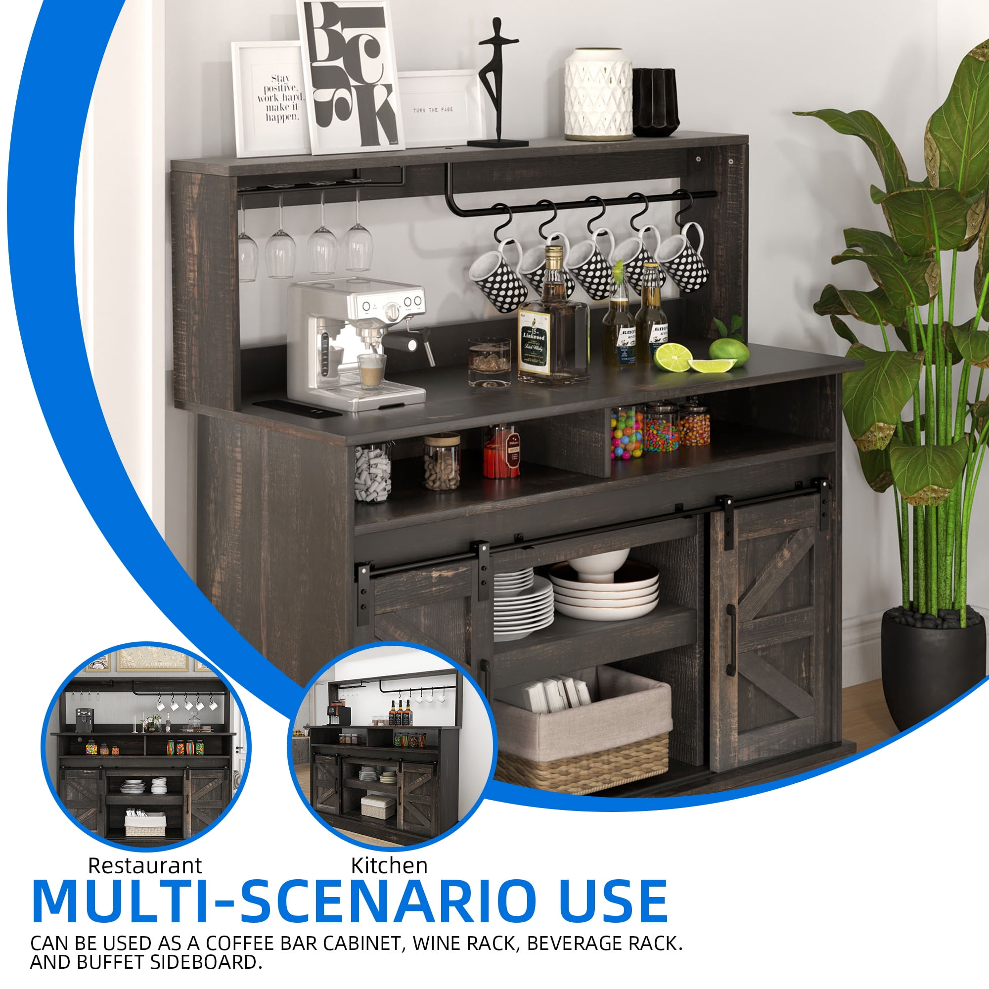 Uforic 47" Farmhouse Coffee Bar Cabinet, Sideboard Buffet with Power Outlets & Sliding Barn Doors, White