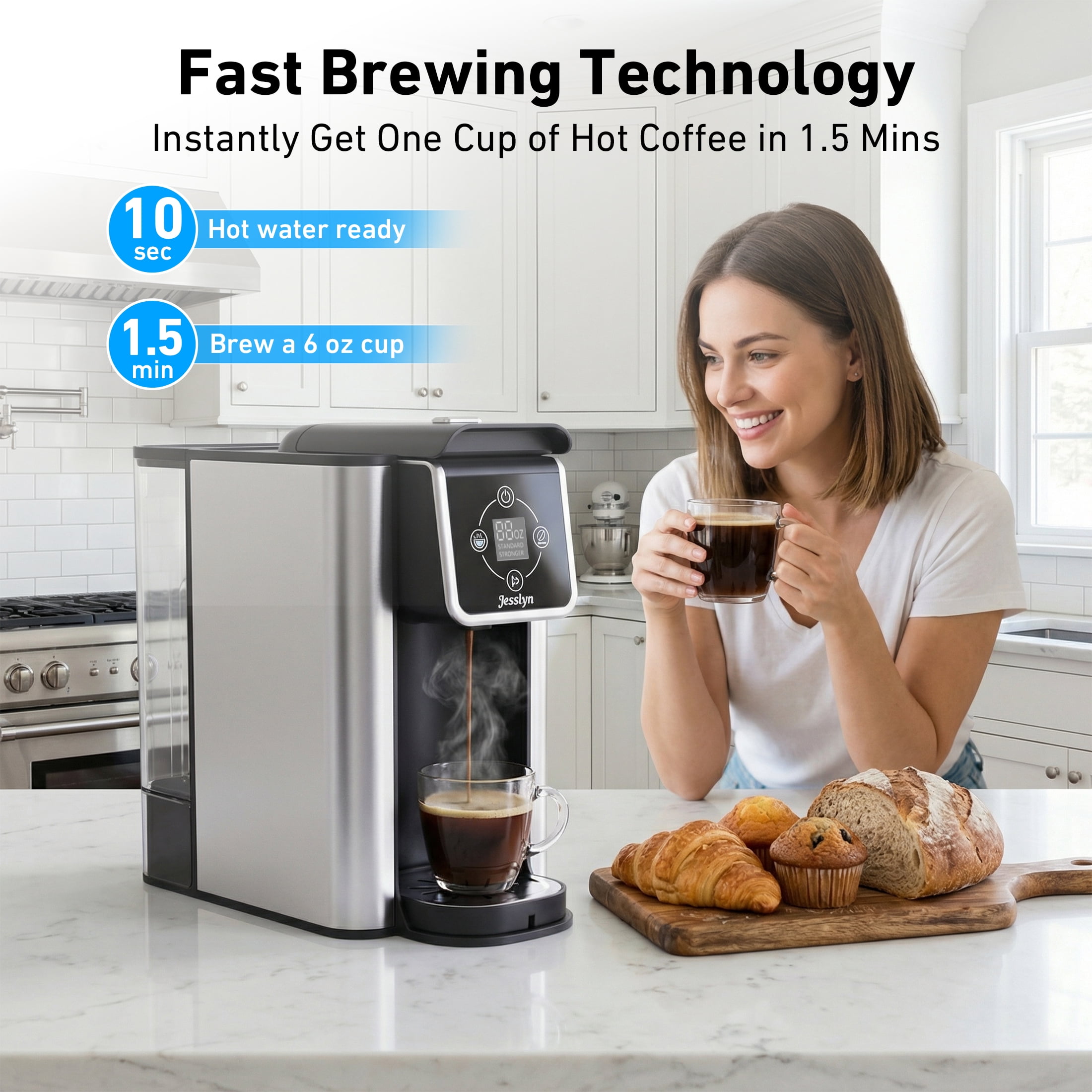 Jesslyn 3 in 1 Single Serve Coffee Maker: Coffee Machine Compatible with K Cup Capsules & Grounds, Instant Coffee Pot, Tea Maker Brewer - Removable 50 oz Water Reservoir, 120V 1150W, Black
