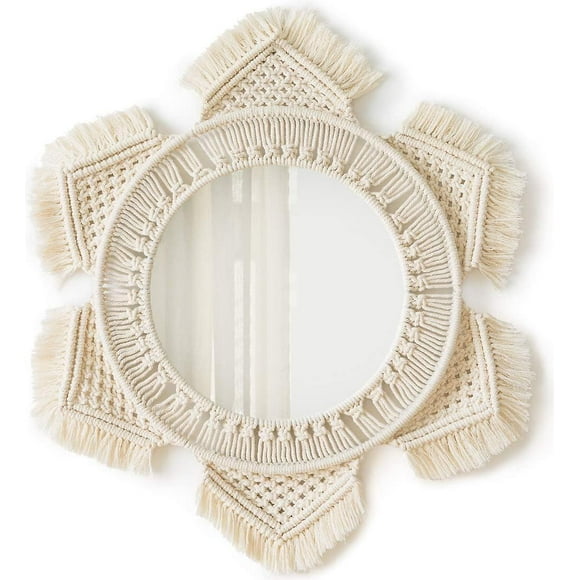 Wall Mirrors with Macrame Border Bohemian Style Circular Mirrors Art Deco Mirrors Apartment Living Room Bedroom Baby Nursery Dorm Entryway, Ivory