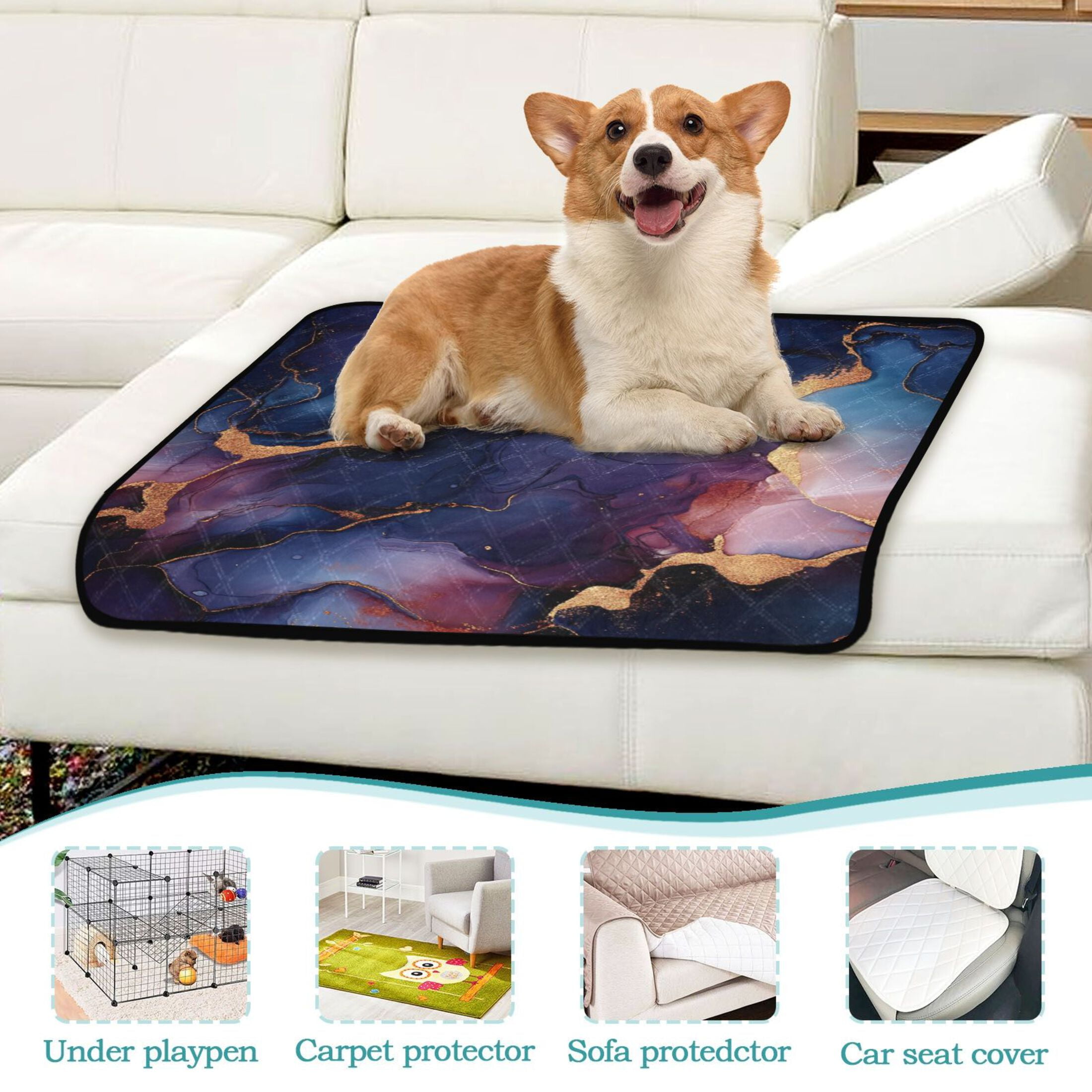 Qxltty Gilt Blue Patterns Cat litter Pads Pet Set of 3 Diaper Mats Center Anti-leakage Layer Absorbent Soft and Comfortable